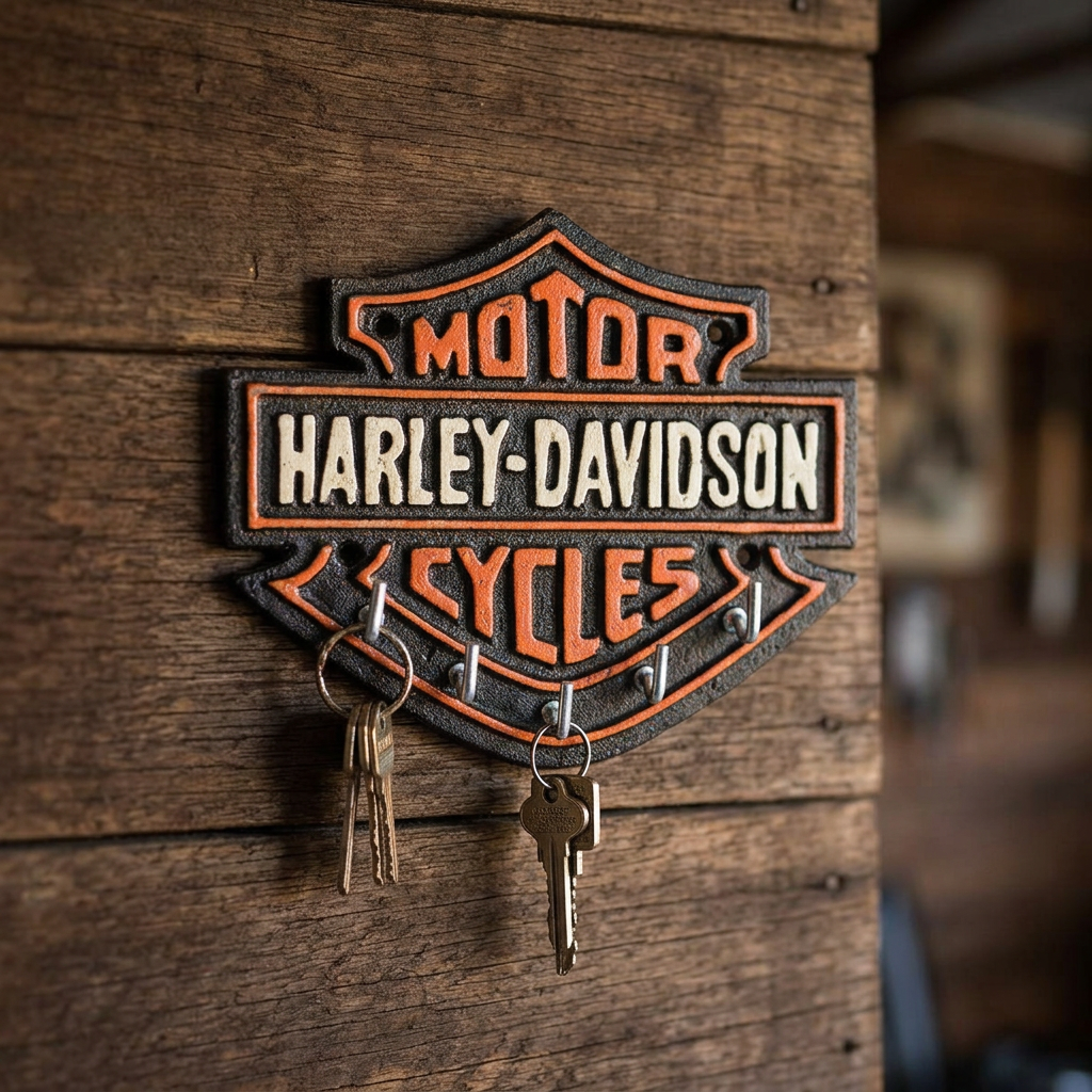 Straight-on close-up of the 19cm Harley-Davidson key rack on dark timber with keys for scale