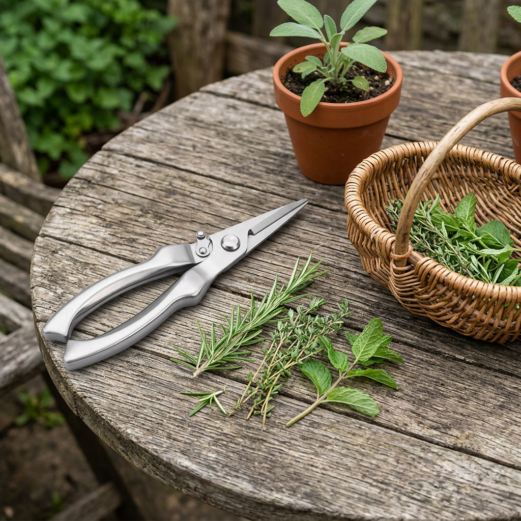 Straight pruning snips beside fresh herbs