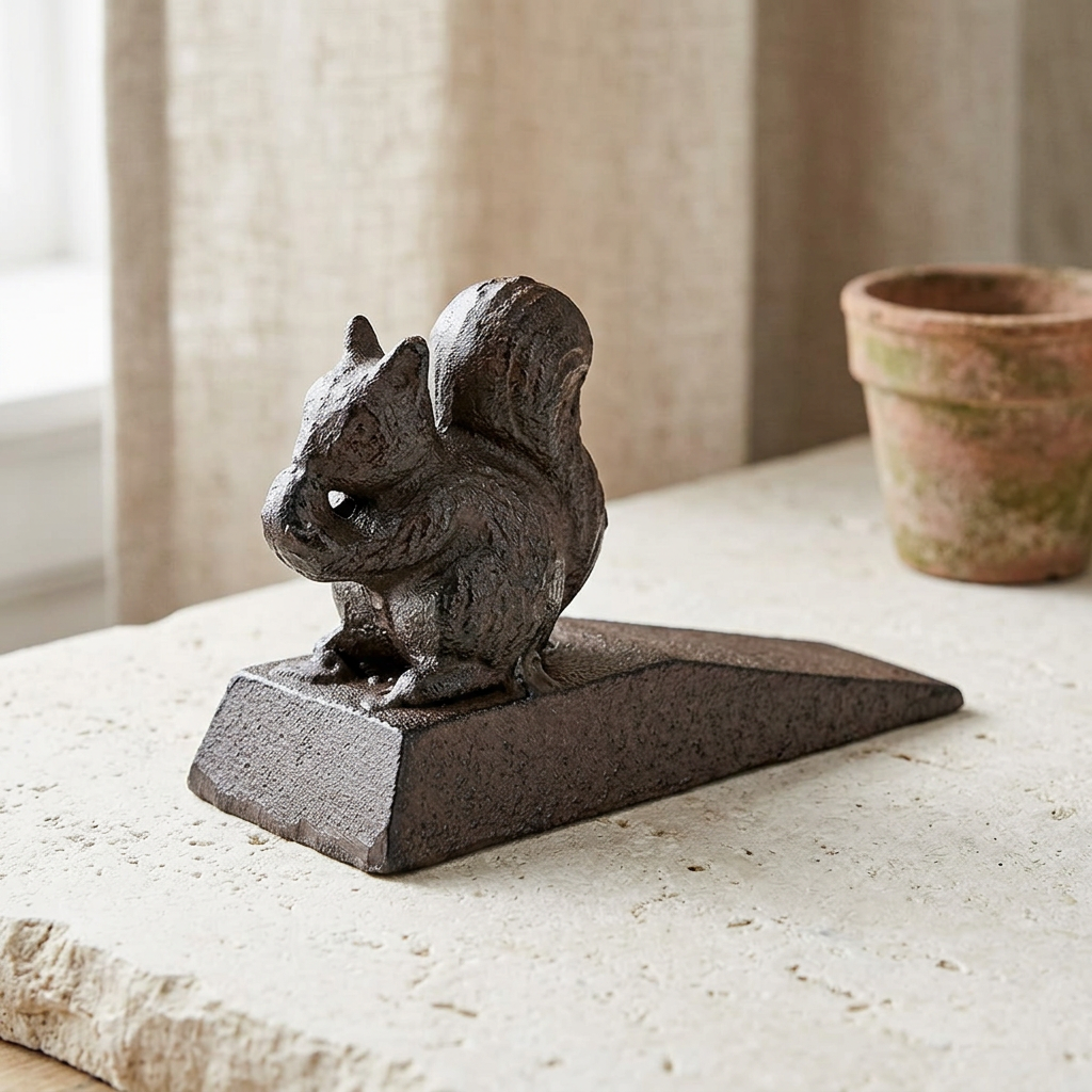 Styled squirrel doorstop close-up