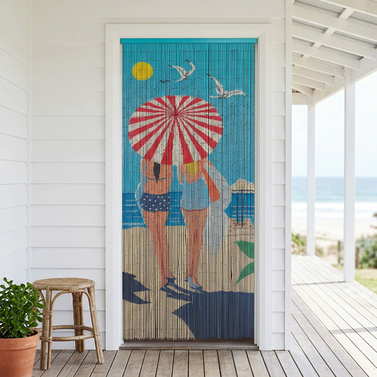 Summer Beach bamboo curtain on a sunny beach-house veranda