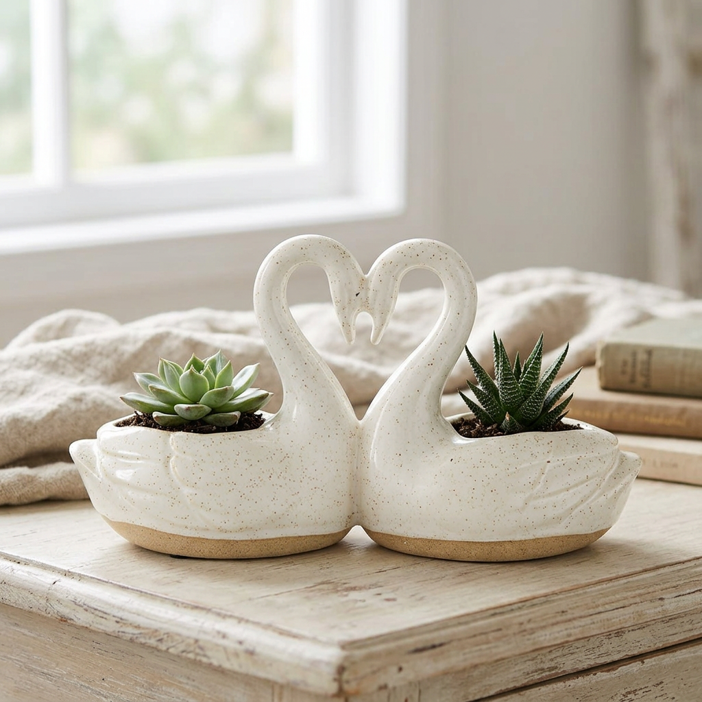 Swan planter styled with succulents on a cottage console