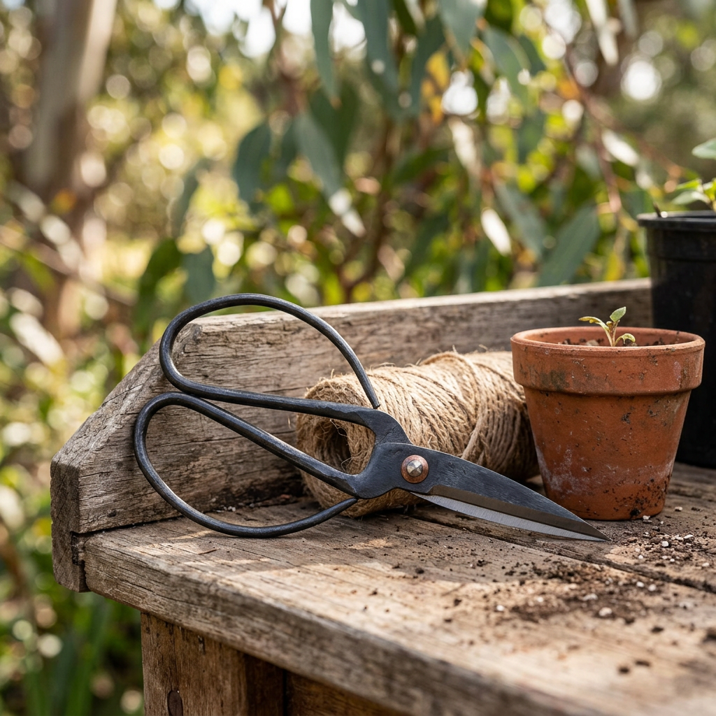 Traditional iron scissors on a cottage potting bench