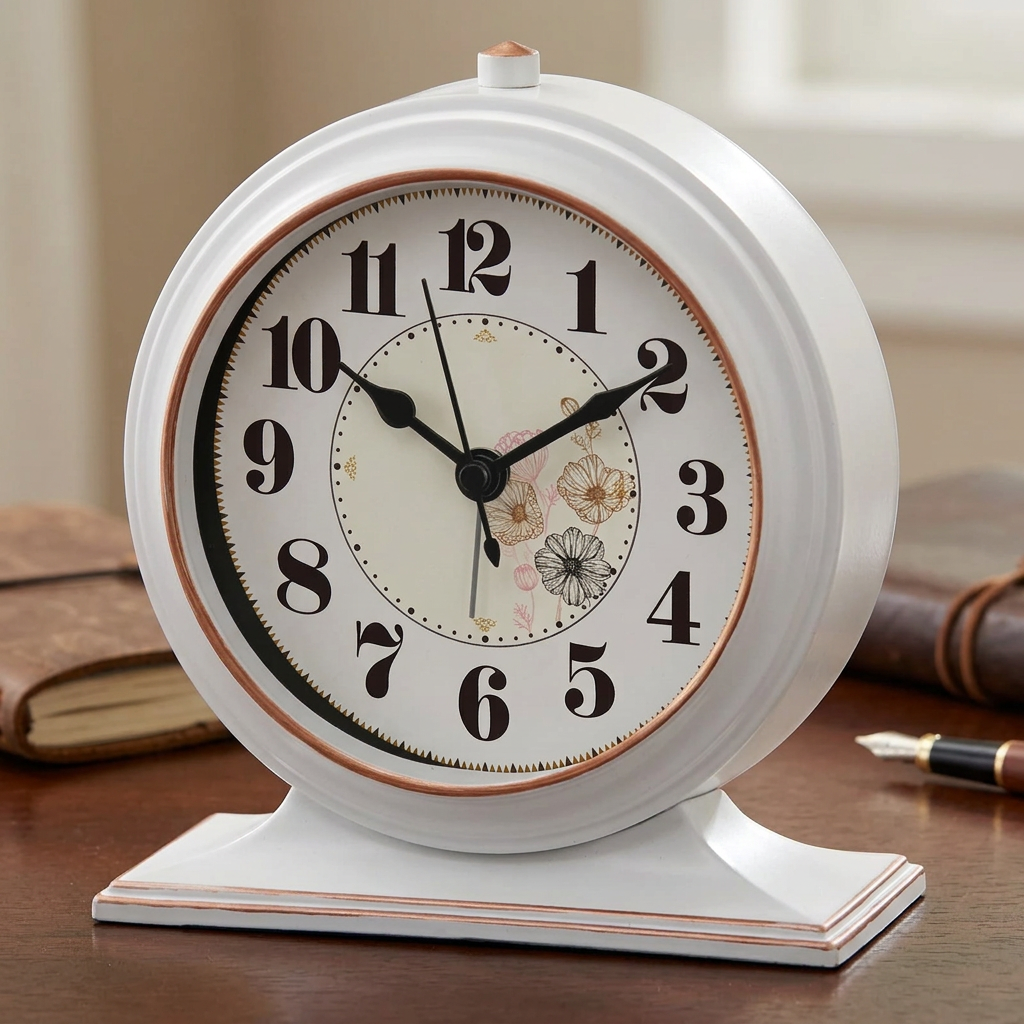 Vintage floral clock on a writing desk