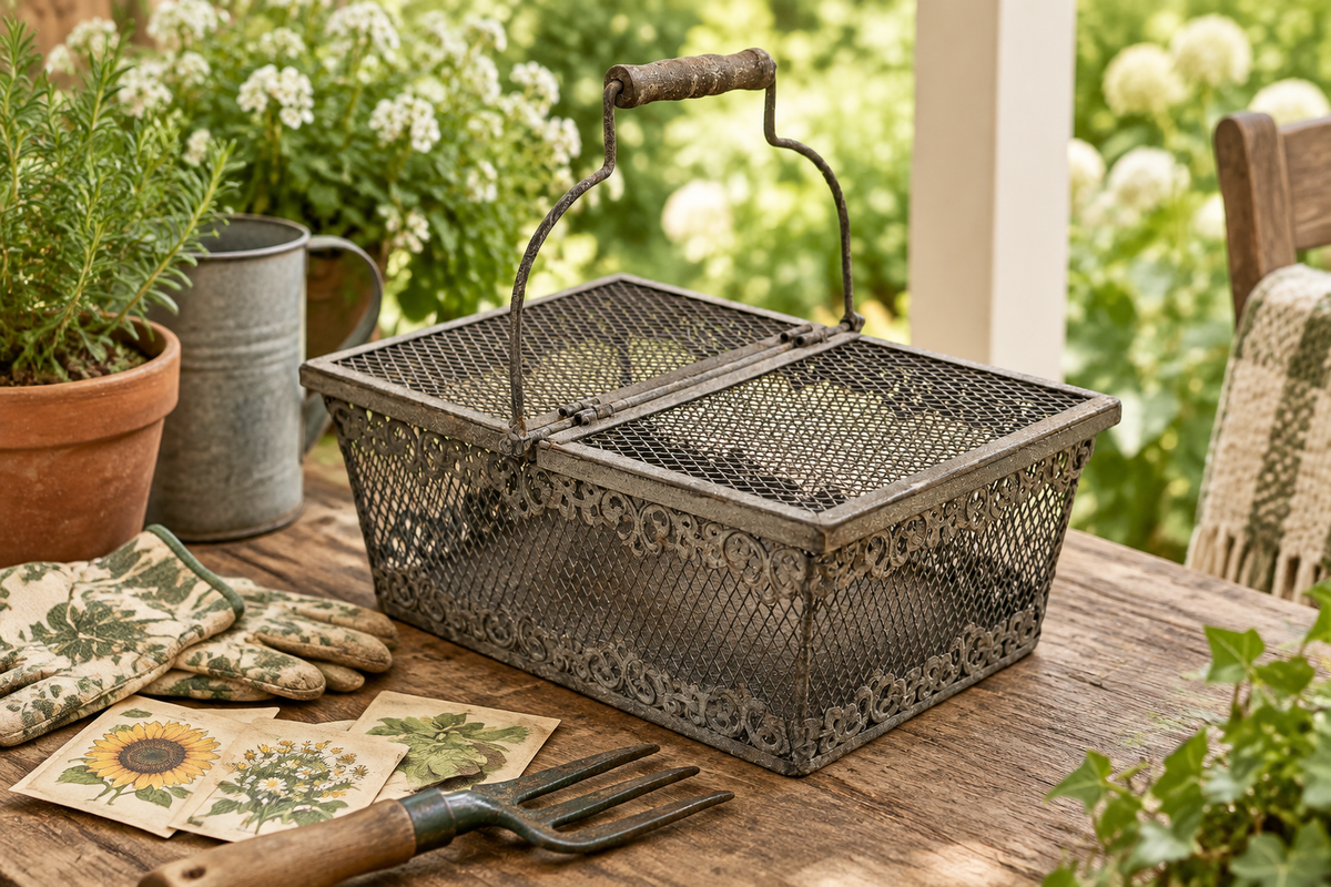 Vintage wire garden basket beside gardening supplies