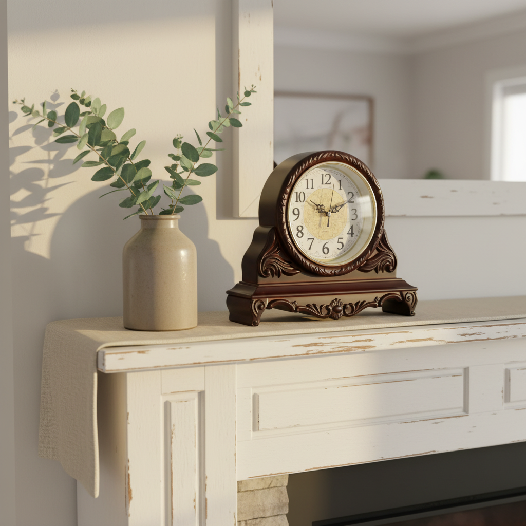 Walnut clock on farmhouse mantel