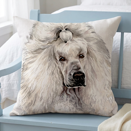 White poodle cushion in a bedroom setting