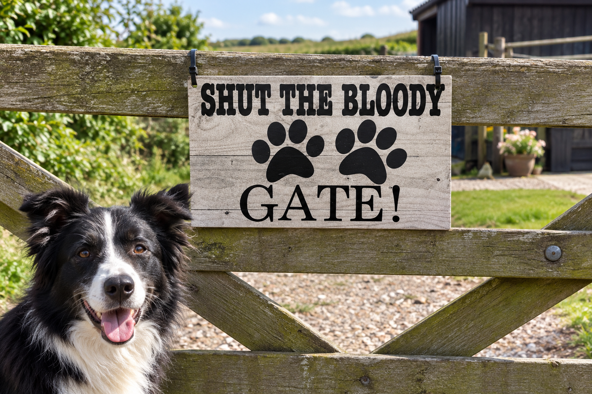 Wooden farm gate mount with dog nearby