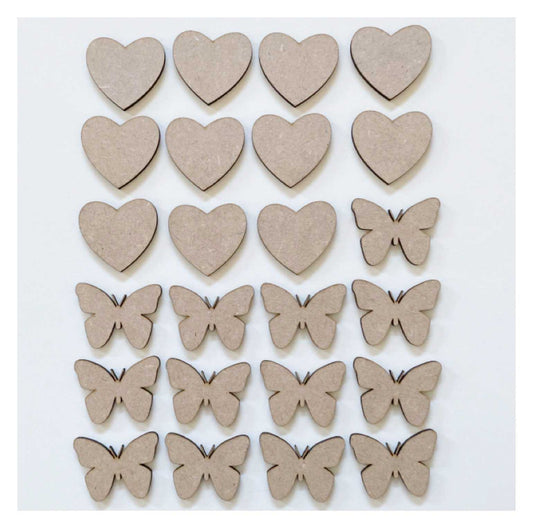 Butterfly & Heart Set of 24 MDF Timber DIY Raw Craft