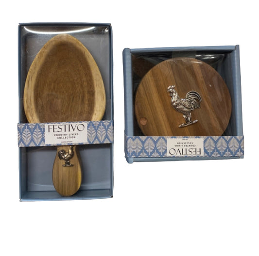 Rooster Chicken Wooden Salt & Spoon Gift - The Renmy Store Homewares & Gifts 