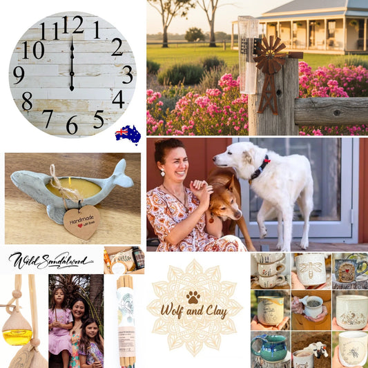 Unique Australian handmade gifts — wall clocks, Wolf & Clay pottery, concrete decor, custom signs and natural wellness products from The Renmy Store
