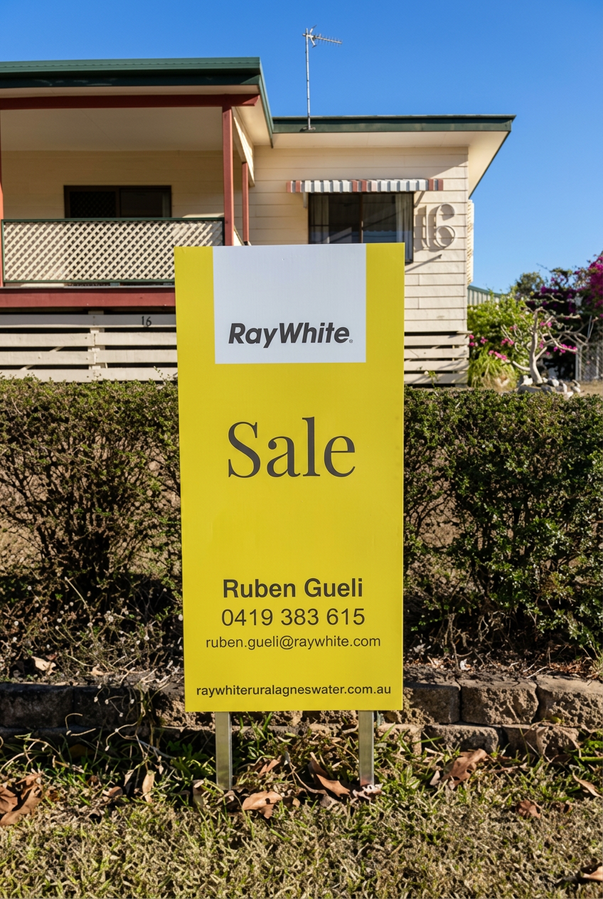 Yellow Ray White Sale sign — property signboard installed outside a home — real estate signage by Total Sign Solutions