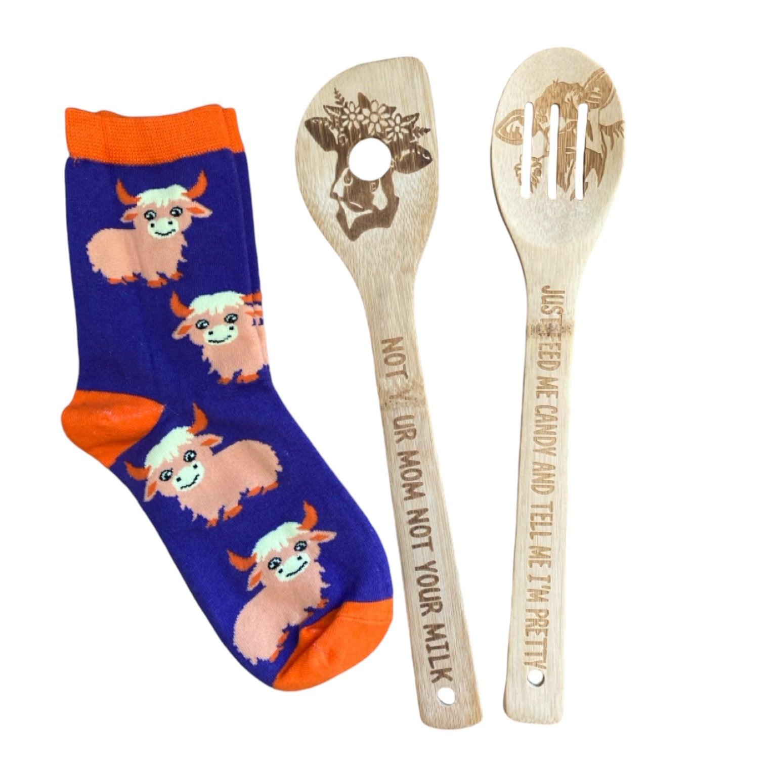 Cow Lover Wood Utensils Clock Funny Sign Gift Set - The Renmy Store Homewares & Gifts 