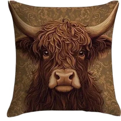 Highland Cow Cushion Cover | Farmhouse Floral Pillow Cover | 4 Designs | 40x40 45x45 50x50 60x60cm