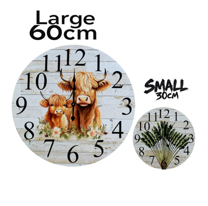 Clock Wall Cow Highland Floral Pink Purple Aussie Made