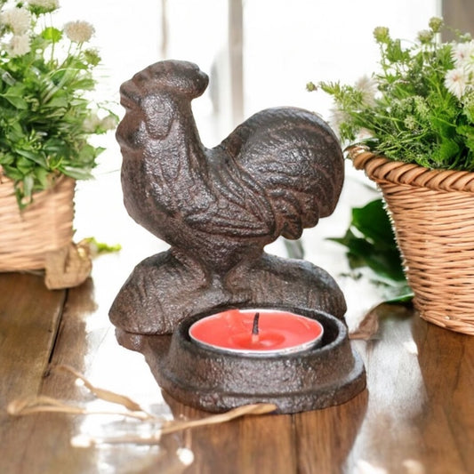 Candle Holder Rooster Rustic Cast Iron