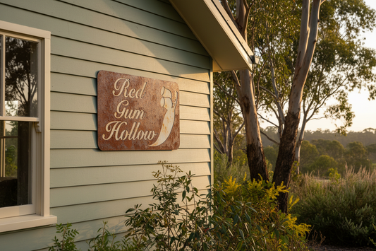 Custom Australian Gum Nut Property Sign - Red Gum Hollow - Rusty Metal Steel Sign - Australian Made