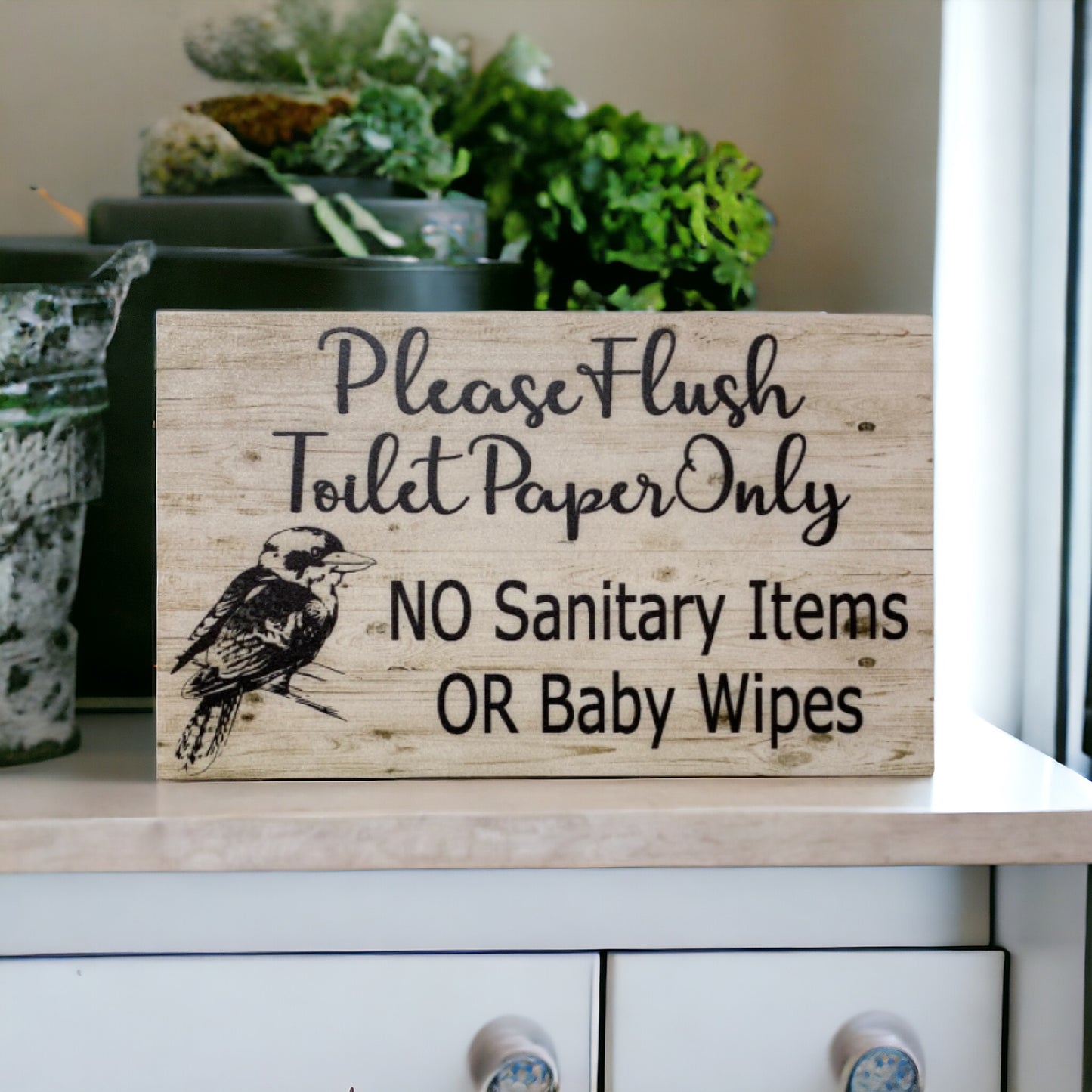 Flush Toilet Paper Only No Sanitary Baby Wipes  Kookaburra Sign - The Renmy Store Homewares & Gifts 