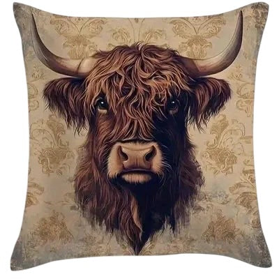 Highland Cow Cushion Cover | Farmhouse Floral Pillow Cover | 4 Designs | 40x40 45x45 50x50 60x60cm