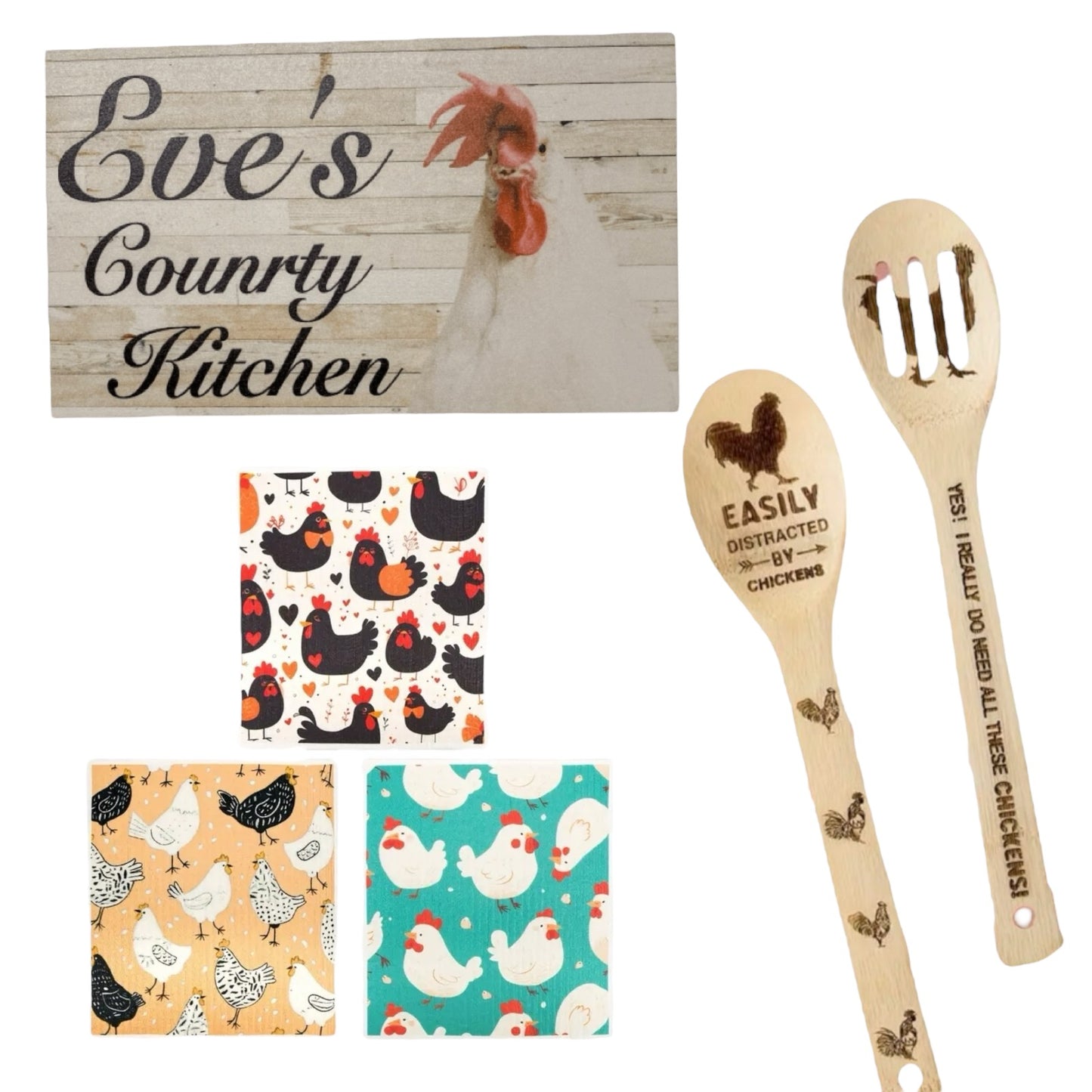 Chicken Utensils Dish Cloths Personalised Kitchen Sign Gift Set