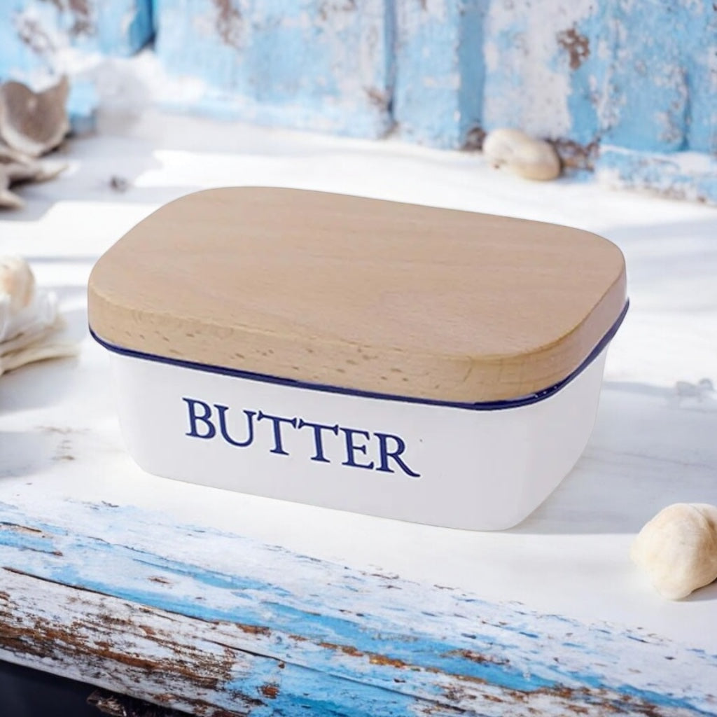 Butter Dish Enamel Wooden Lid Vintage