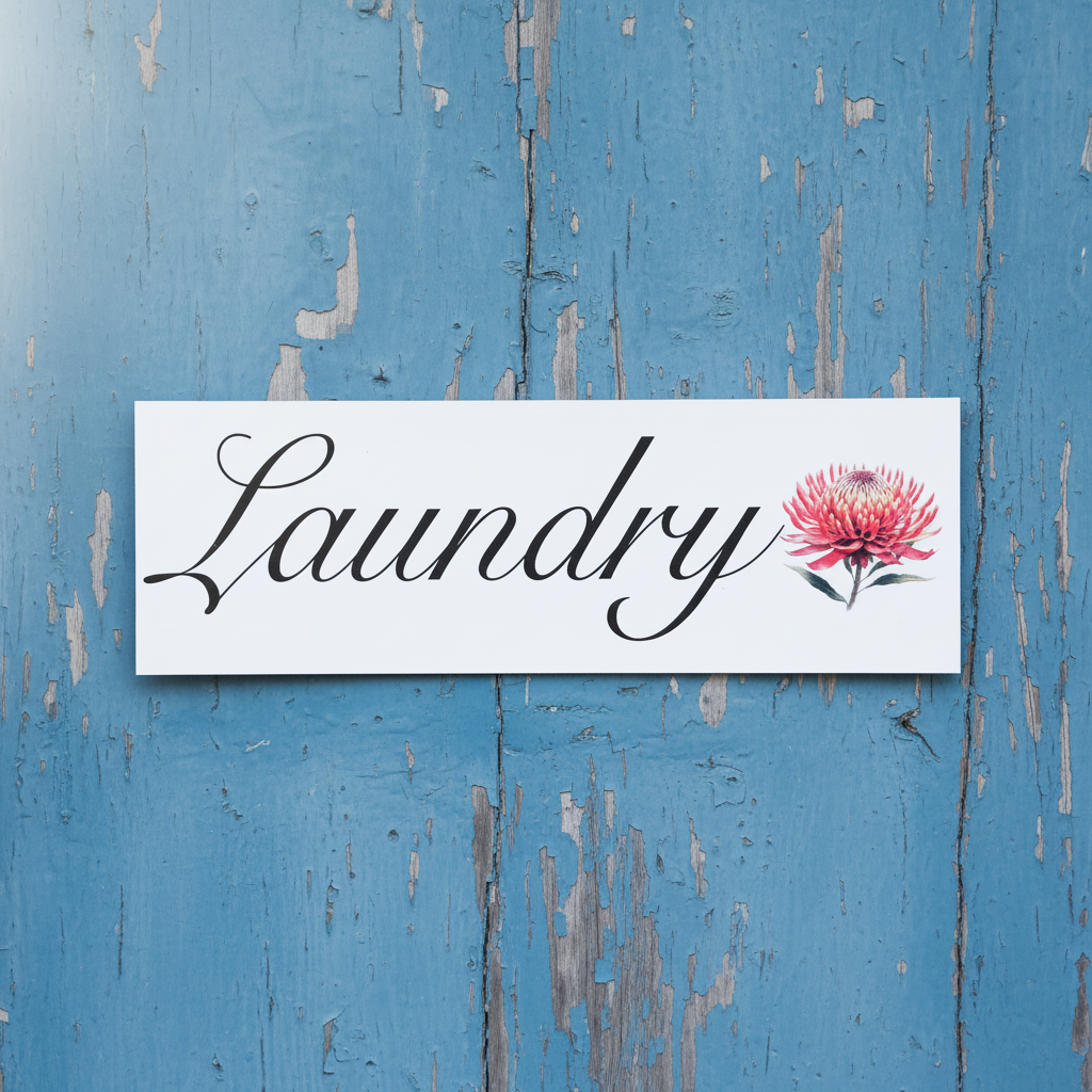 Laundry sign with a pink flower on a blue wooden background