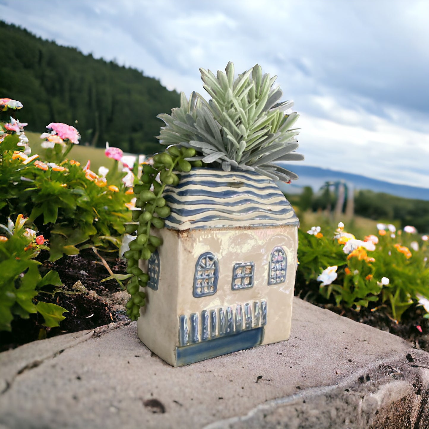 Village House Blue Pot Plant Garden - The Renmy Store Homewares & Gifts 
