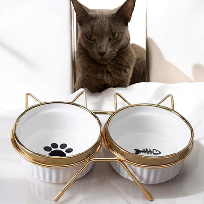 Cat Bowl with Stand Gold White