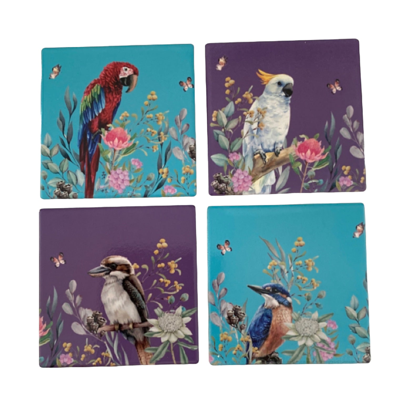 Coasters Set of 4 Kookaburra Cockatoo Kingfisher Parrot - The Renmy Store Homewares & Gifts 
