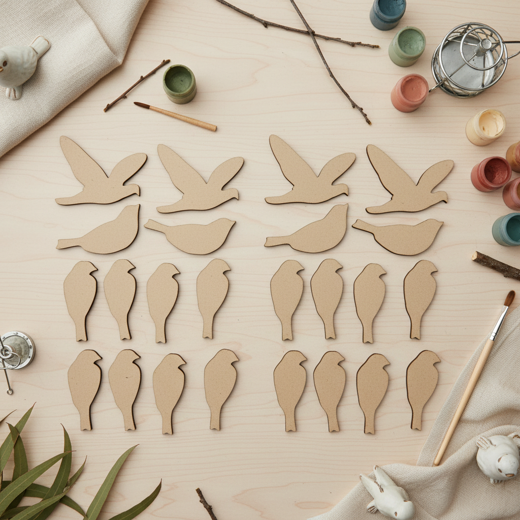 16-piece MDF bird craft set on an Australian nature craft table