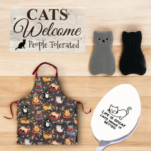 Cat Apron Spoon Sponges Cats Welcome Funny Sign Gift Set - The Renmy Store Homewares & Gifts 