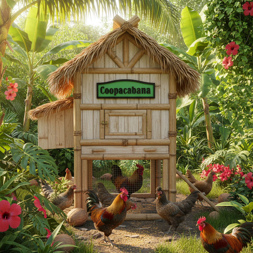 Wooden chicken coop with thatched roof in a tropical setting with chickens and flowers.