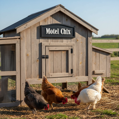 Wooden chicken coop with 'Motel Chix' sign and chickens gathered around.
