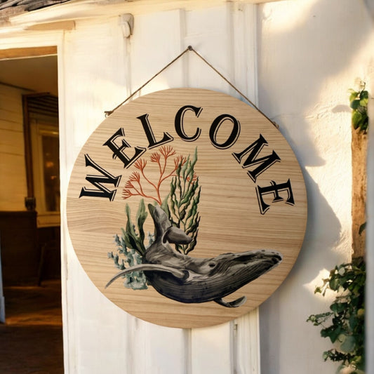 Welcome Whale Coastal Beach House Wood Sign