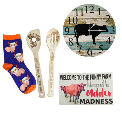 Cow Lover Wood Utensils Clock Funny Sign Gift Set - The Renmy Store Homewares & Gifts 