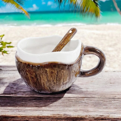 Cup Mug Spoon Coconut Coconut Shell Ceramic Tropical