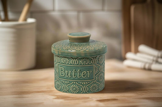 Vintage Antique Green Butter Crock - Ceramic Keeper