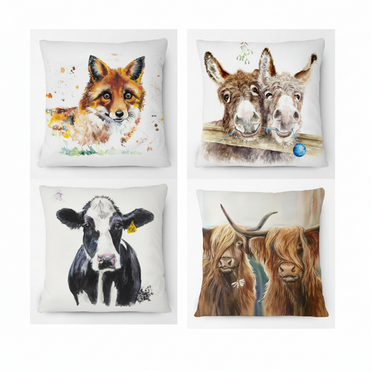 Highland Cow Fox Donkey Pheasant Cushion Cover | 45cm | Linen or Plush | Farmhouse Gift