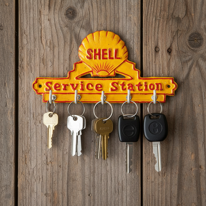 Shell Service Vintage Cast Iron Key Hook Rack 20cm | Rustic Petrol Station Decor