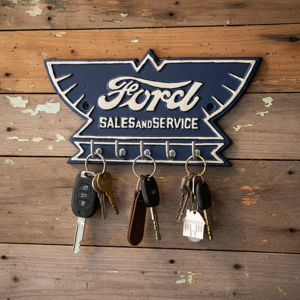 Ford Sales Service Vintage Cast Iron Key Hook Rack 24cm | Rustic Automotive Decor