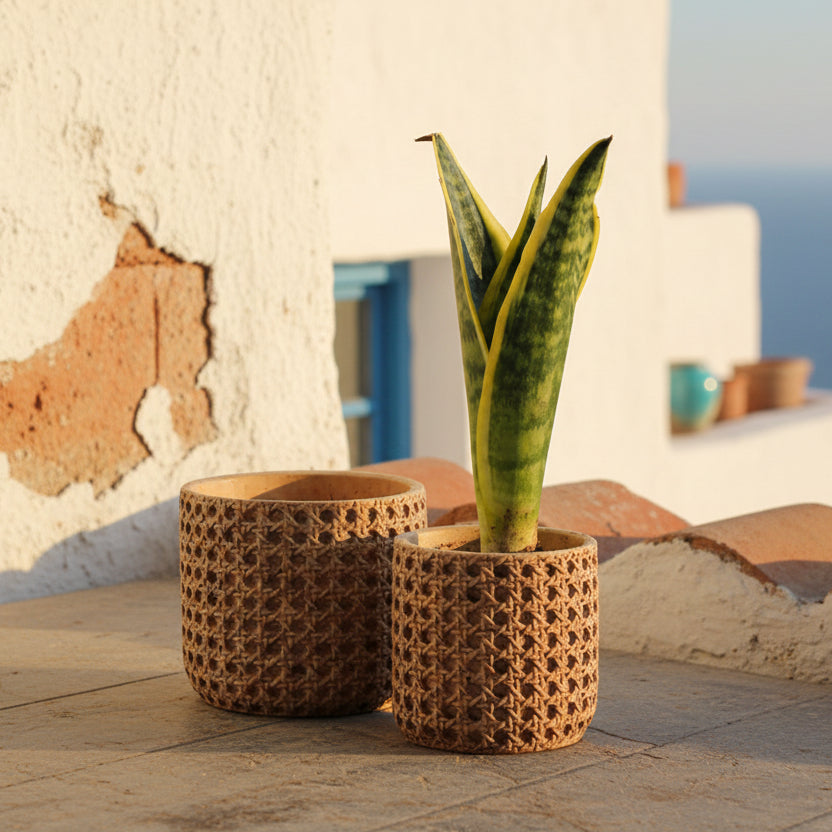 Wicker Style Planter Pot - Cement Mediterranean Garden
