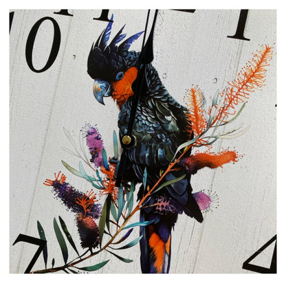 Black Cockatoo Red Tail Wall Clock | Aussie Made 30cm 60cm