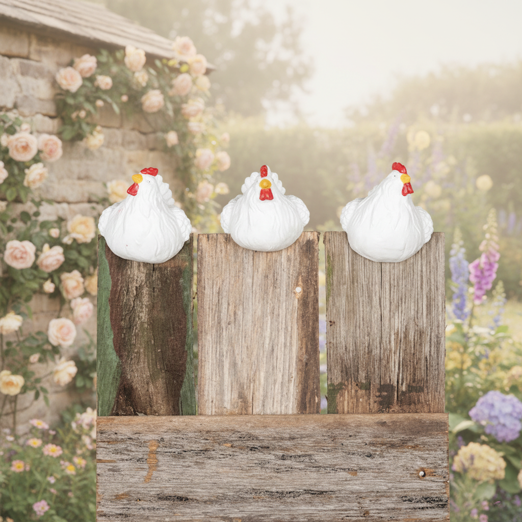Chicken Hen Pot Sitter Set of 3 | White Resin Farmhouse Garden Decor