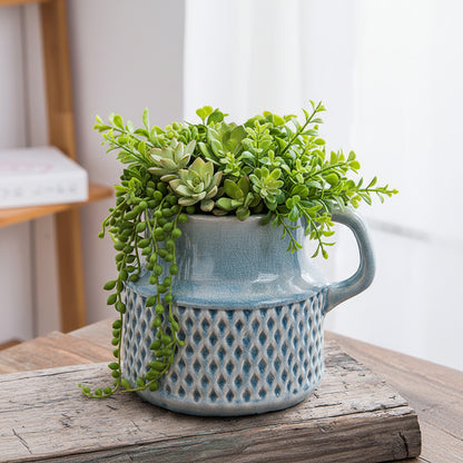 Ceramic Jug Planter Pot Vase - Blue White with Handle