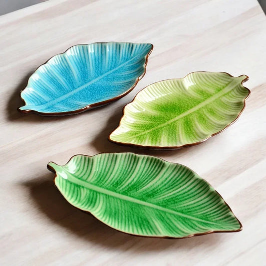 Plate Serving Blue Green Leaf