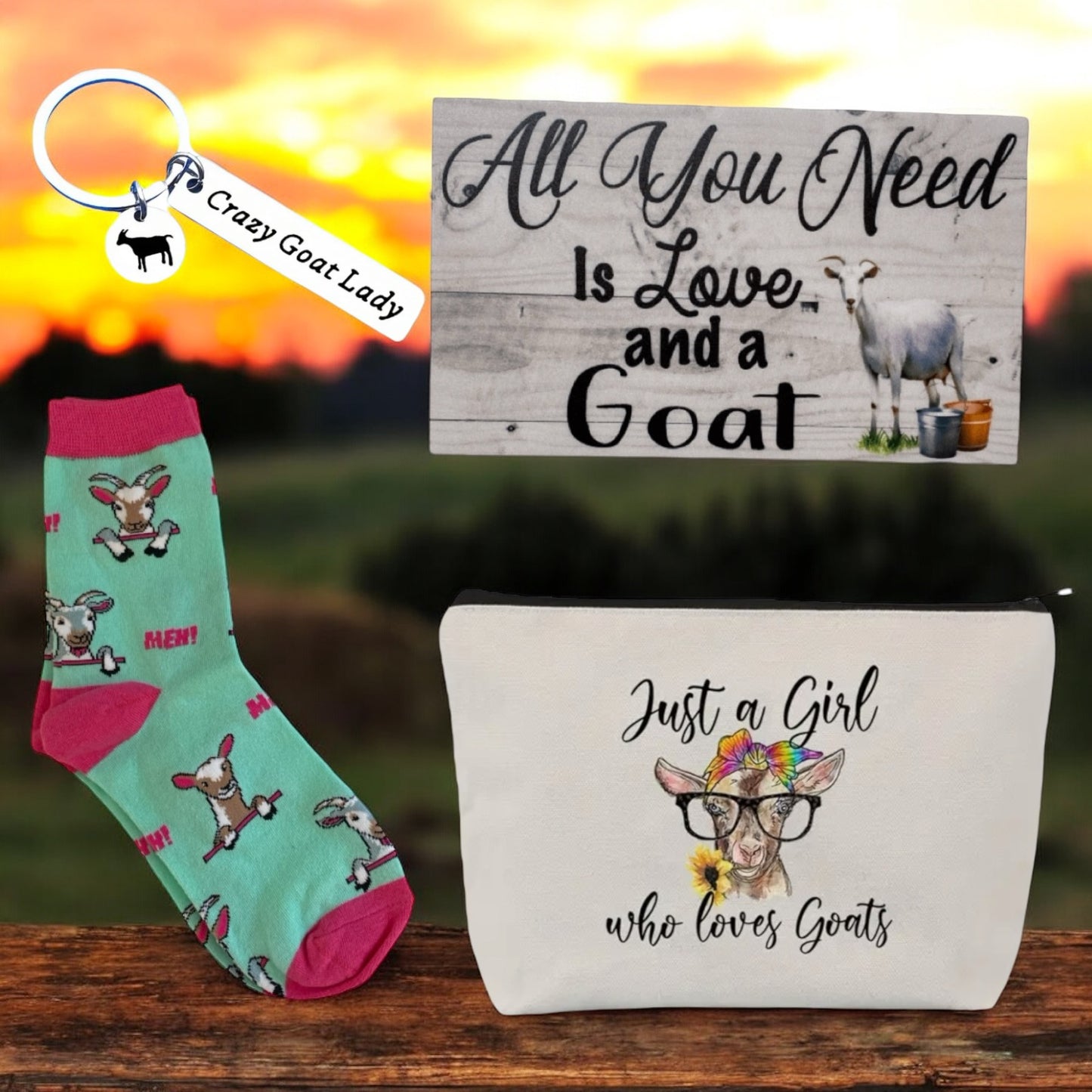 Goat Lover Socks Keyring Bag Love and Goat Sign Gift Set