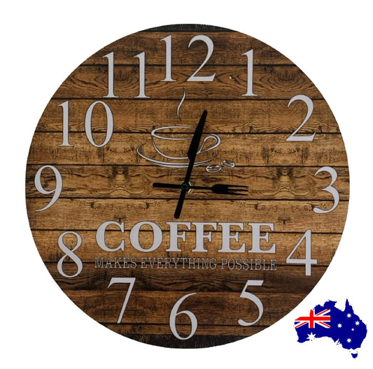Clock Wall Rustic Wood Coffee Aussie Made - Limited Edition