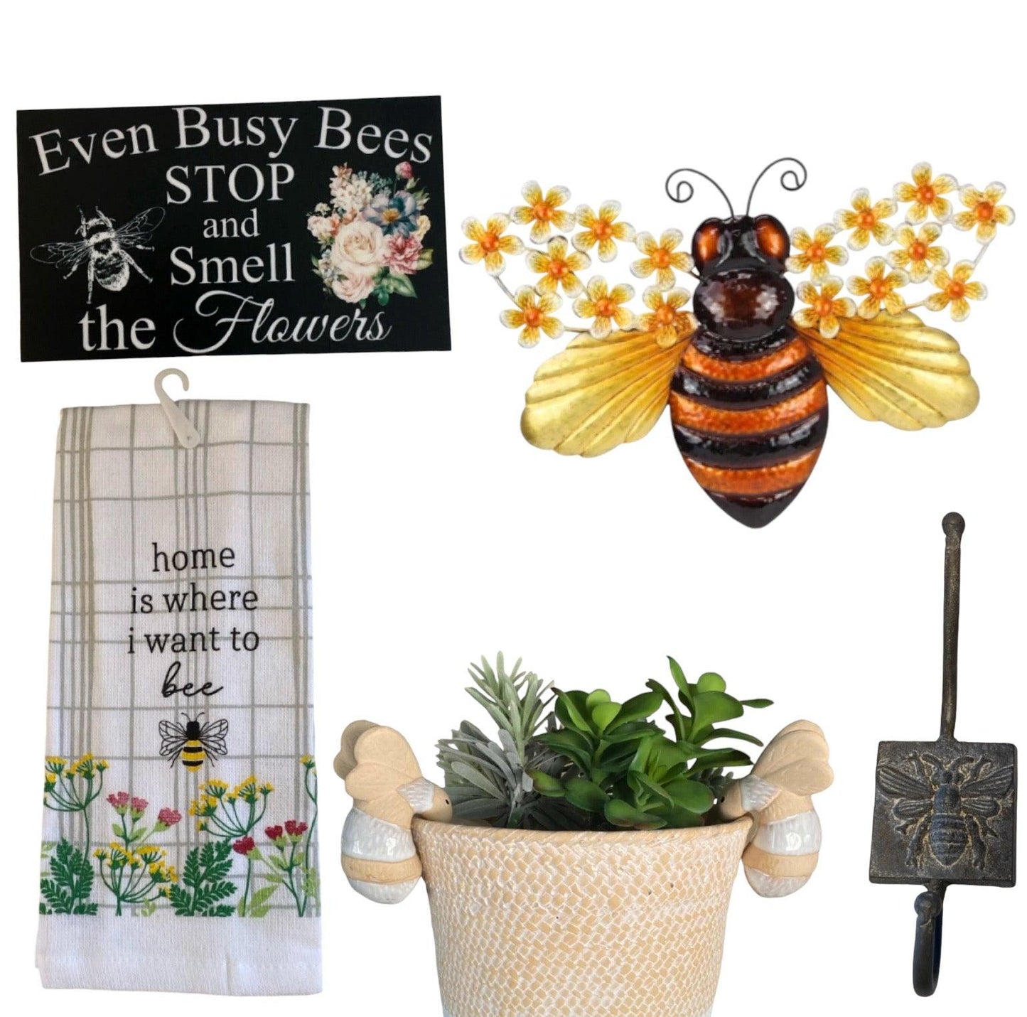 Bee Wall Art Tea Towel Pot Sitter Hook Sign Gift Set - The Renmy Store Homewares & Gifts 