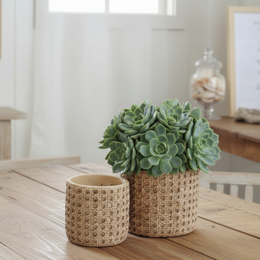 Wicker Style Planter Pot - Cement Mediterranean Garden