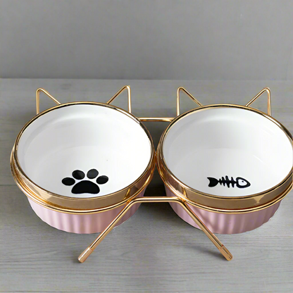 Cat Bowl with Stand Shabby Chic Gold Pink