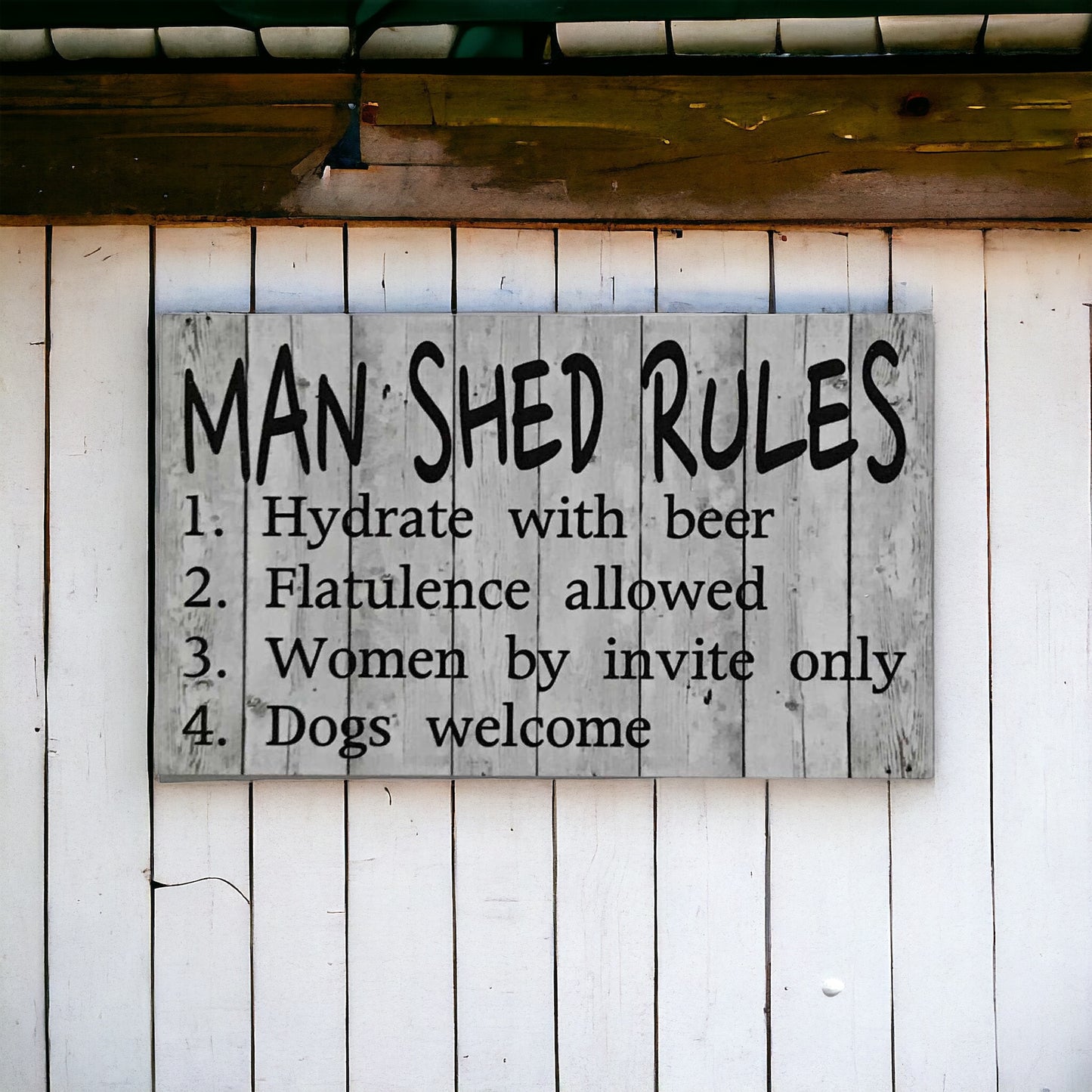 Man Shed Rules White Wash Sign - The Renmy Store Homewares & Gifts 